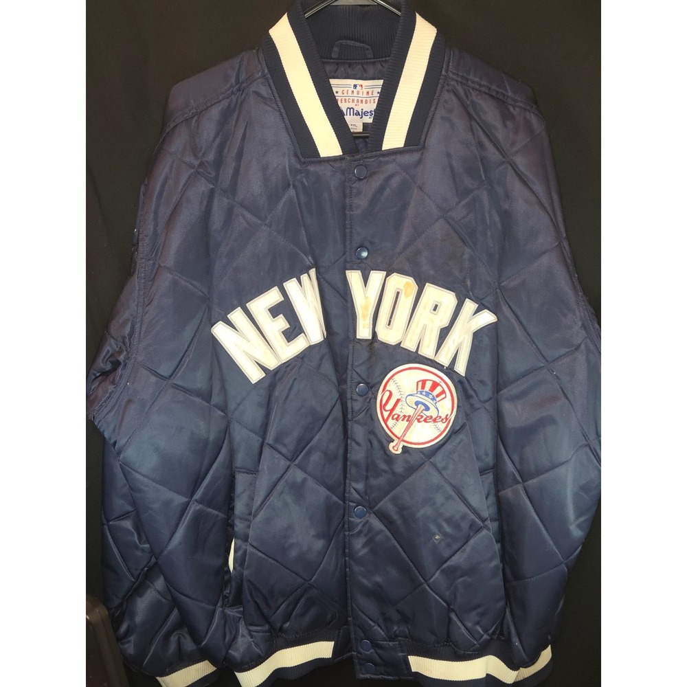 Majestic New York Yankees Quilted Bomber Jacket XXL Men Navy Blue White vintage